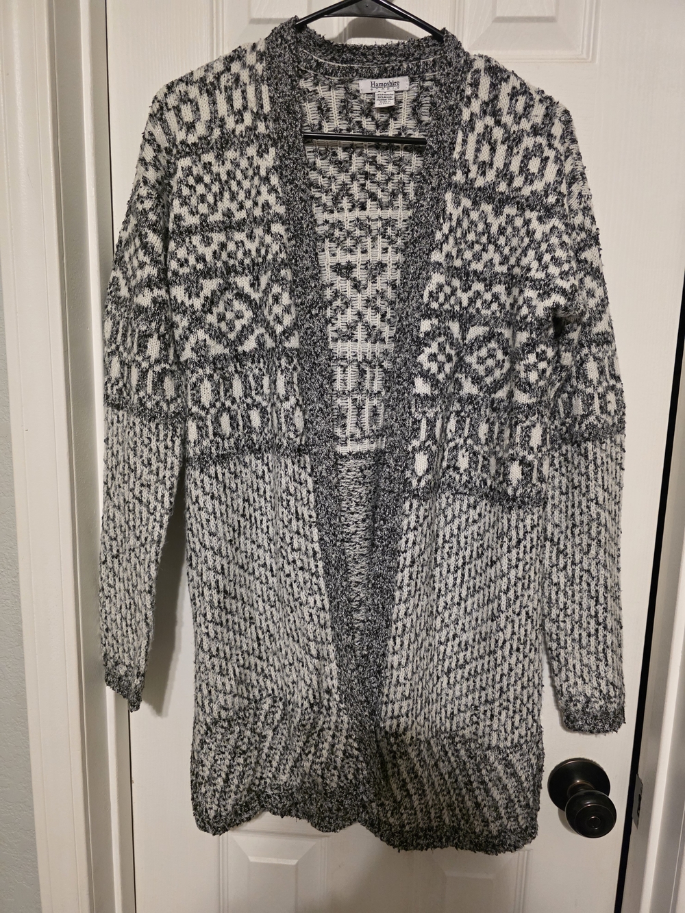Harrington Open-Front Black & White Patterned Knit Cardigan